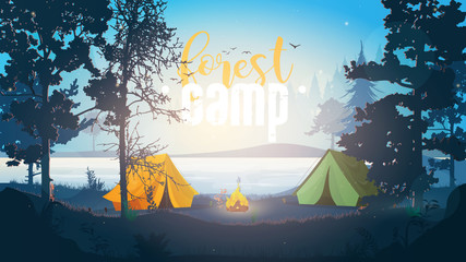 Forest camp banner. Outdoor illustration. Camping in the forest. Early morning in the forest with tents. Vector