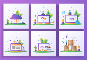 Set of flat design concept. Cloud computing, Maintenance, Web development, E-Learning, Online education, Logistic Distribution. Suitable for web landing page, ui, banner template. Vector Illustration