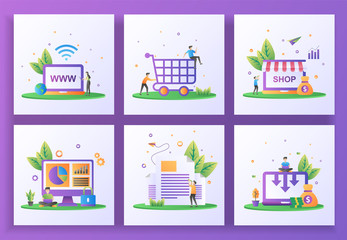 Set of flat design concept. Website, Happy shopping, Online Shop, Data security, Newsletter, Cost reduction. Suitable for web landing page, ui, mobile app, banner template. Vector Illustration