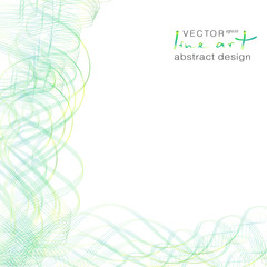 Fototapeta na wymiar Green, yellow, thin squiggle lines. Line art abstract pattern. Pastel gradient. Colored waves, subtle undulating curves. Modern design for brochure, poster, leaflet. Vector EPS10 template, copy space