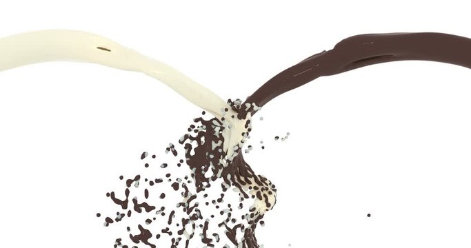 Two realistic jets of liquid chocolate and milk collide mix and create splashes on a white background. Milk chocolate. Swirl cream texture. Liquid paint. Delicious sweet dessert flow. 4k