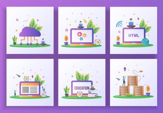 Set of flat design concept. Cloud computing, Maintenance, Web development, E-Learning, Online education, Logistic Distribution. Suitable for web landing page, ui, banner template. Vector Illustration