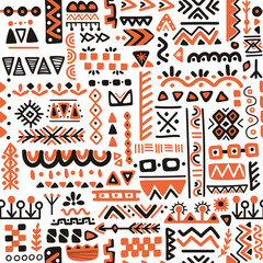 Seamless folk art pattern in Scandinavian style. Nordic ornament background with runes and decorative elements. Folklore vector illustration. Perfect for wrapping paper, wallpaper, textile design