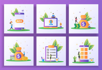 Set of flat design concept. Advertising, User Account, Video play, Accounting, Document Check, Mobile App. Suitable for web landing page, ui, mobile app, banner template. Vector Illustration