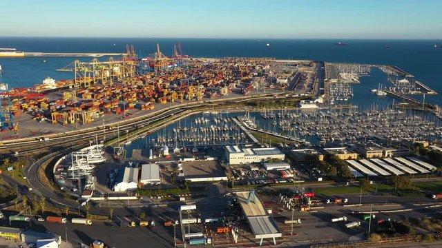 Commercial and leisure harbour Port of Valencia Spain aerial view cargo transportation containers