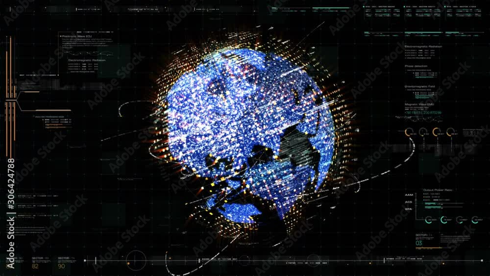 Poster Futuristic global communication via broadband internet connections between cities around the world with matrix particles continent map for head up display background