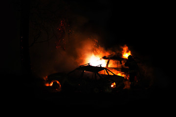 Burning cars, unrest, anti-government, crime. Consequences of the collision. Car on fire,...