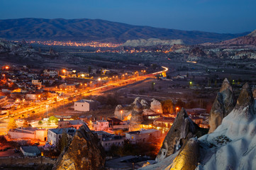 Goreme at night, Landscape in Cappadocia, Turkey