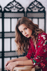 Fototapeta premium Portrait of beautiful girl with makeup. Design,