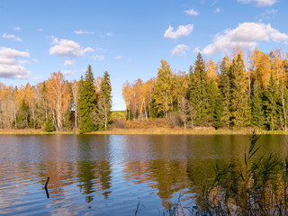 colorful autumn landscape by the lake, golden autumn, colorful trees and reflections