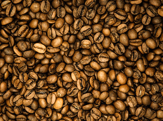 Coffee grains. Background of roasted coffee beans brown. layout