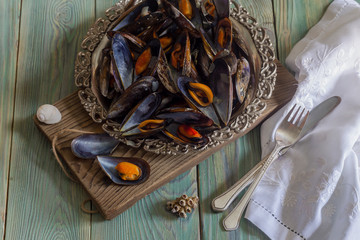 Mussels on a metal tray close-up
