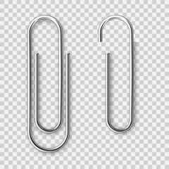 Realistic metal paper clip isolated on transparent background. Page holder, binder. Vector illustration.