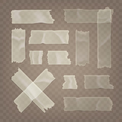 Fototapeta premium Realistic transparent adhesive tape set. Sticky scotch, duct paper strips on checkered background. Vector illustration.