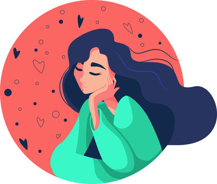 Young Woman With Flying Hair Dreams. Flat Vector Illustration