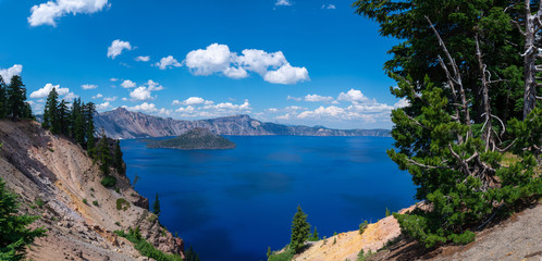 Panorama of Crater Lake, Wizard Island and the cliffs surrounding them © Michael