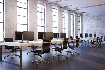 Interior of old office building with white brick walls