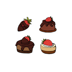 Set of cakes with cream and chocolate isolated on white background. Hand drawn dessert with strawberry.