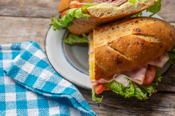 Ham and cheese sub sandwich with artisan bread