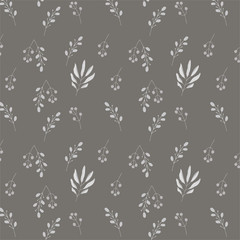 Seamless endless pattern with folliage and branches on gray background.