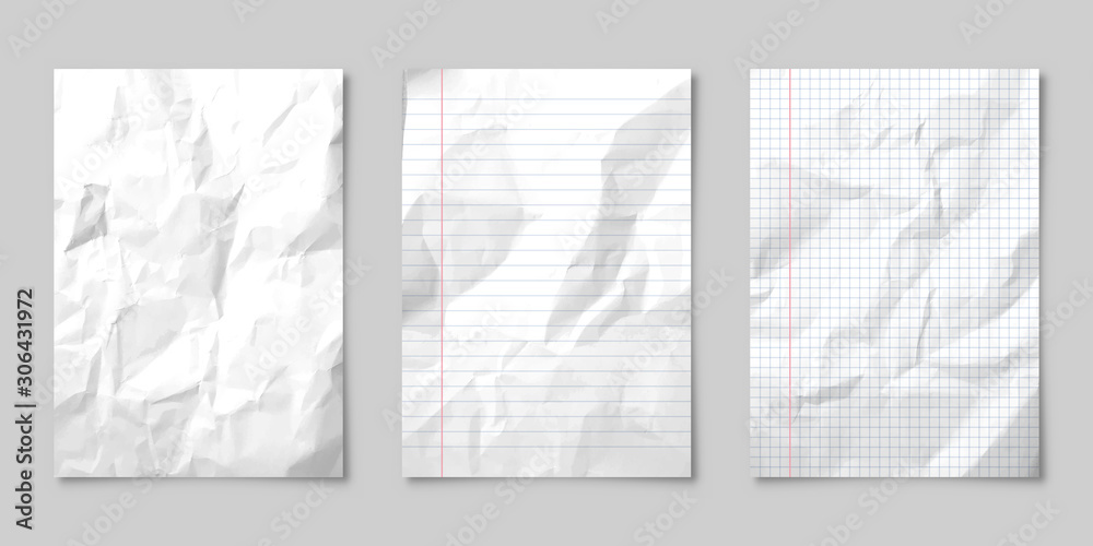 Wall mural realistic blank lined crumpled paper sheet with shadow in a4 format isolated on gray background. not