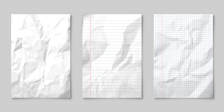 Realistic blank lined crumpled paper sheet with shadow in A4 format isolated on gray background. Notebook or book page. Design template or mockup. Vector illustration.