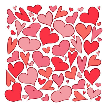 Vector illustration with hearts of different shapes and sizes. Set of pink hearts isolated on white background. Great for Valentine's day design.Cute bright images for cards, invitations, applications