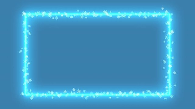 Animated rectangular blue neon frame on blue background. New year, Christmas, winter pattern.Snowflakes move around the edges. Motion design. Original, unusual video.Looped footage. 4K.