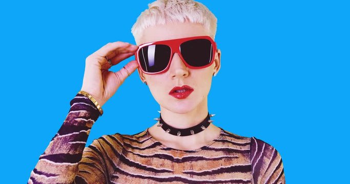 Animation gif design. Clubbing party model in fashion sunglasses 
