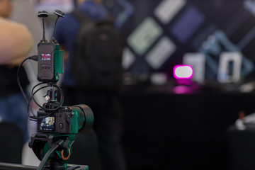 Camera show viewfinder image catch motion in interview or broadcast wedding ceremony, catch feeling, stopped motion in best memorial day concept.Video Cinema From dslr camera.video cinema production .