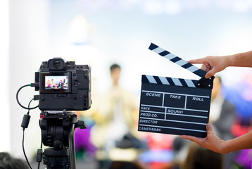 Man hands holding movie clapper.Film director concept.camera show viewfinder image catch motion in...