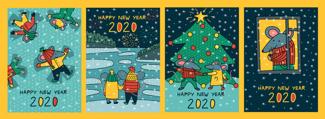 Happy new year 2020 of the rat. Character rats. Set of illustrations. Greeting cards. Cute cartoon design. Chinese new year 2020. Vector illustration. Poster, postcard, cards.