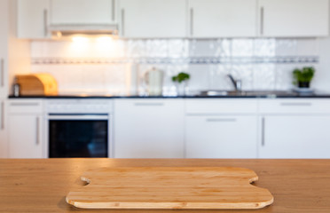 blurred kitchen interior with desk space