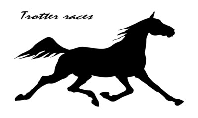 black silhouette of a running horse, isolated on white background, running on a racetrack