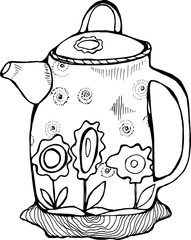 Illustration of a retro minimalist style teapot decorated with flowers.