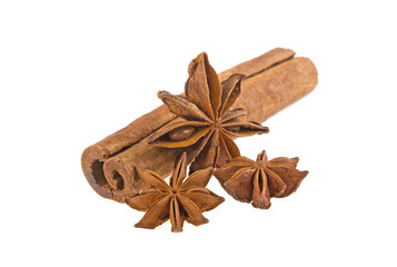 star anise and cinnamon stick on a white background isolated