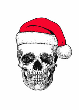 Graphical sketch of human skull in Santa Claus hat isolated on white background,vector illustration