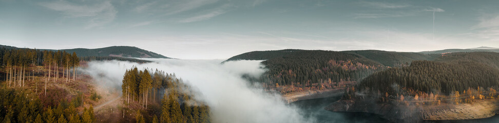 Obraz premium Moody dark and cold winter vibes with heavy fog in the nature mountains with autumn trees silhouettes.