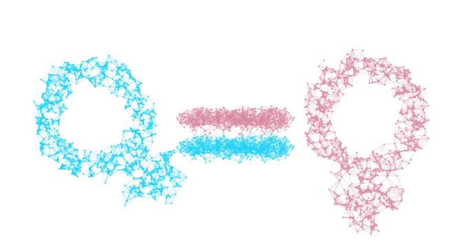 Gender icon. Male and female sex symbols. Illustration in the form of a starry sky or space, consisting of points, lines, and shapes in the form of stars with destruct shapes. Gender equal.