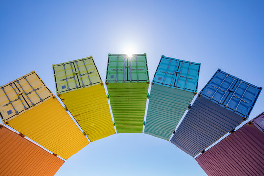 Perth Australia November 5th 2019: Wide Angle View Of Rainbow Coloured Shipping Containers In Freemantle, Australia