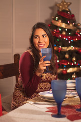 joven mexicana brindando enfrente de árbol de navidad