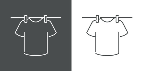 Icono plano lineal camiseta t colgada en tendedero en fondo gris y fondo blanco