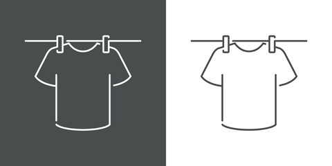 Icono plano lineal camiseta t colgada en tendedero en fondo gris y fondo blanco