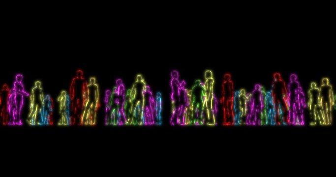 Realistic crowd of people in neon lights. lgbt pride crowd neon. Rainbow love concept. 4k