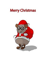 Santa claus mouse carrying a merry christmas bag