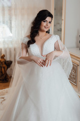 Beautiful bride wedding makeup and hairstyle, girl in veil and jewelry at home.Wedding. Female fashion. Bride wedding morning. Fashion bride gorgeous beauty.  Perfect makeup and hairstyle. 