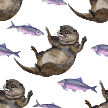 Watercolor seamless pattern with otter hand drawing decorative background. Print for textile, cloth, wallpaper, scrapbooking