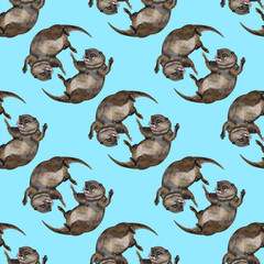 Fototapeta premium Watercolor seamless pattern with otter hand drawing decorative background. Print for textile, cloth, wallpaper, scrapbooking