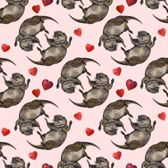 Watercolor seamless pattern with otter hand drawing decorative background. Print for textile, cloth, wallpaper, scrapbooking