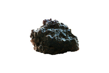Natural stone with recesses and holes isolated on white background. Piece of meteorite, weapon of the proletariat